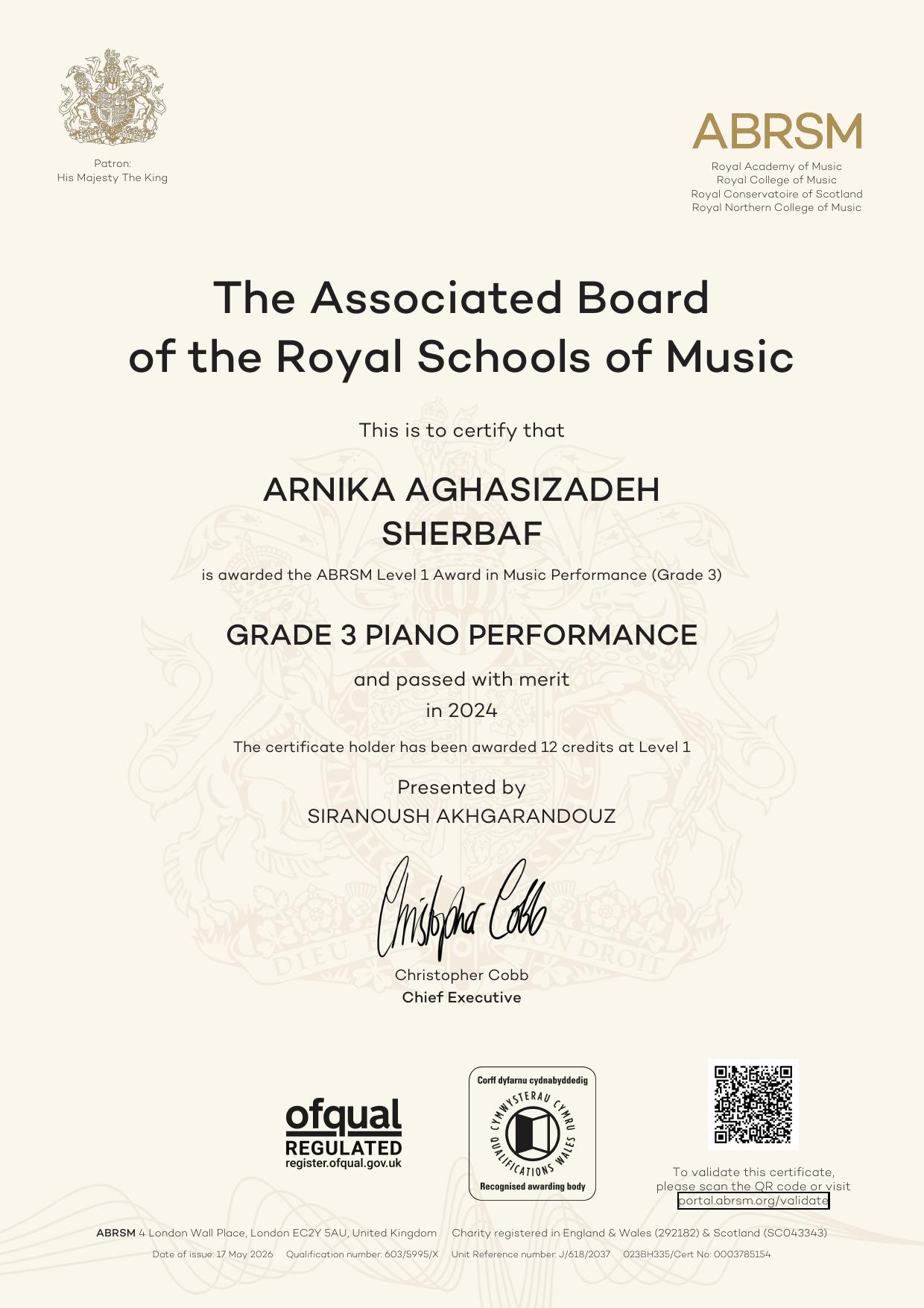 Arnika Aghasizadeh Sherbaf - ABRSM Grade 3 Piano Certificate