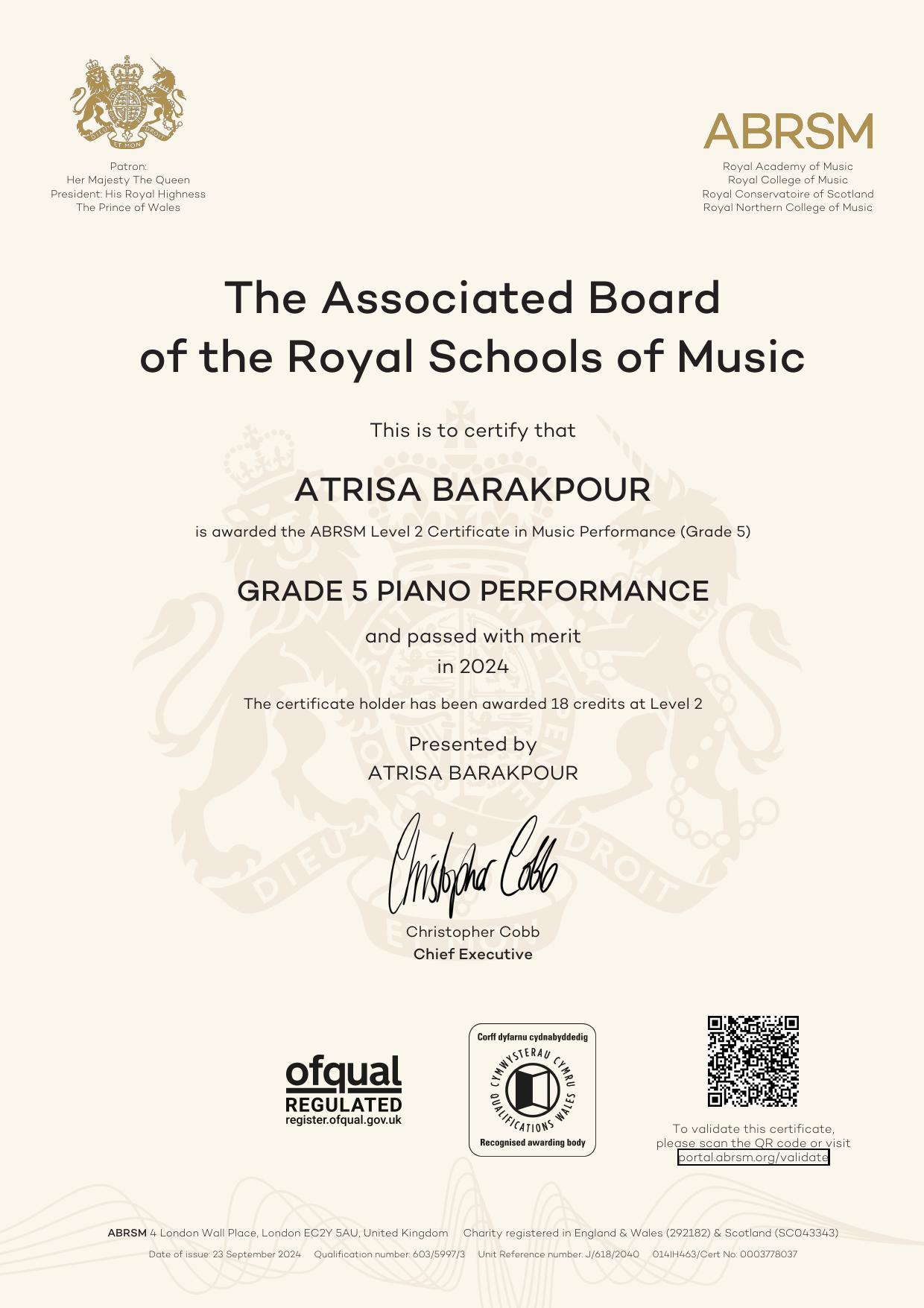 Atrisa Barakpour - ABRSM Grade 5 Piano Certificate