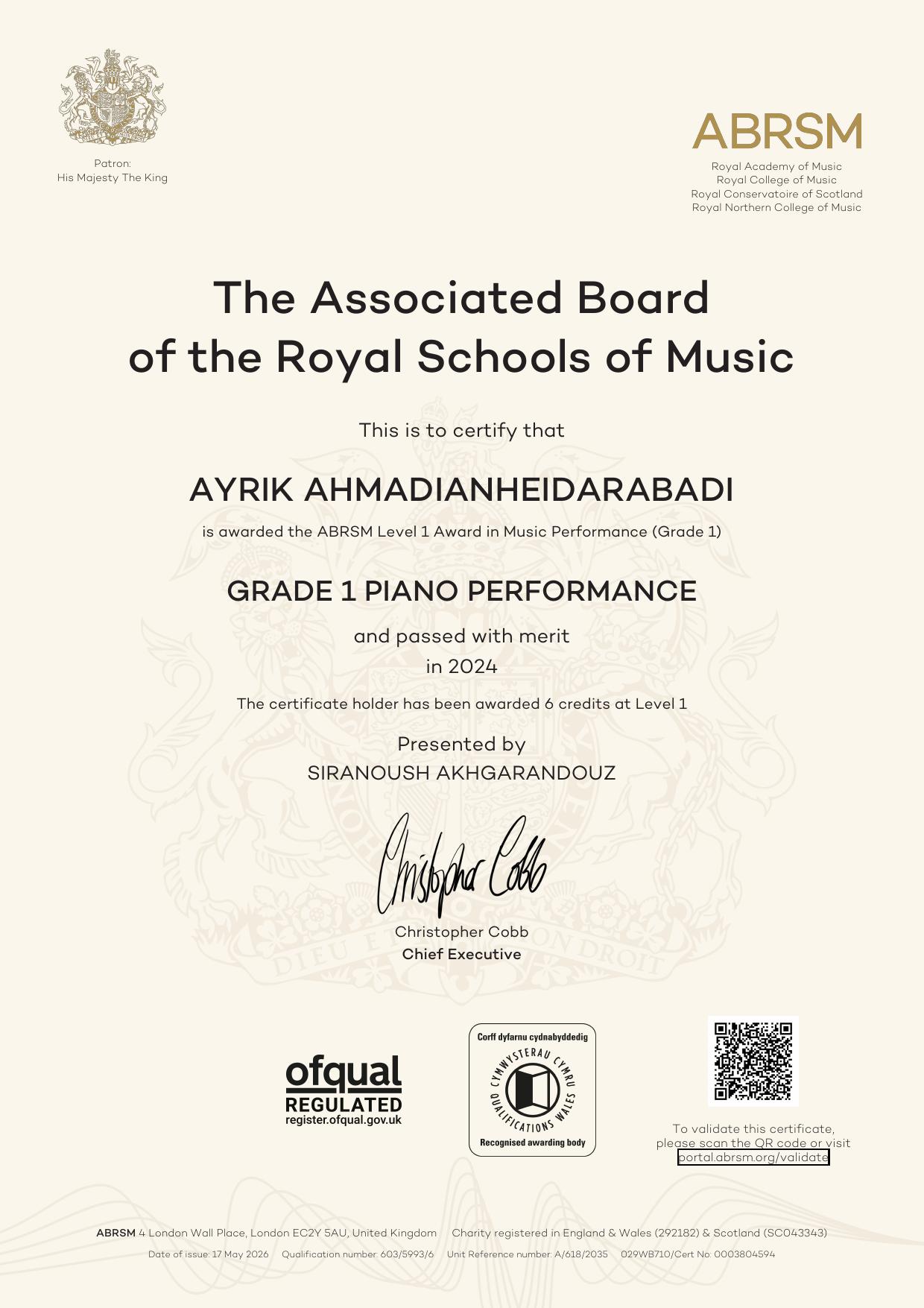 Ayrik Ahmadian Heidarabadi - ABRSM Grade 1 Piano Certificate