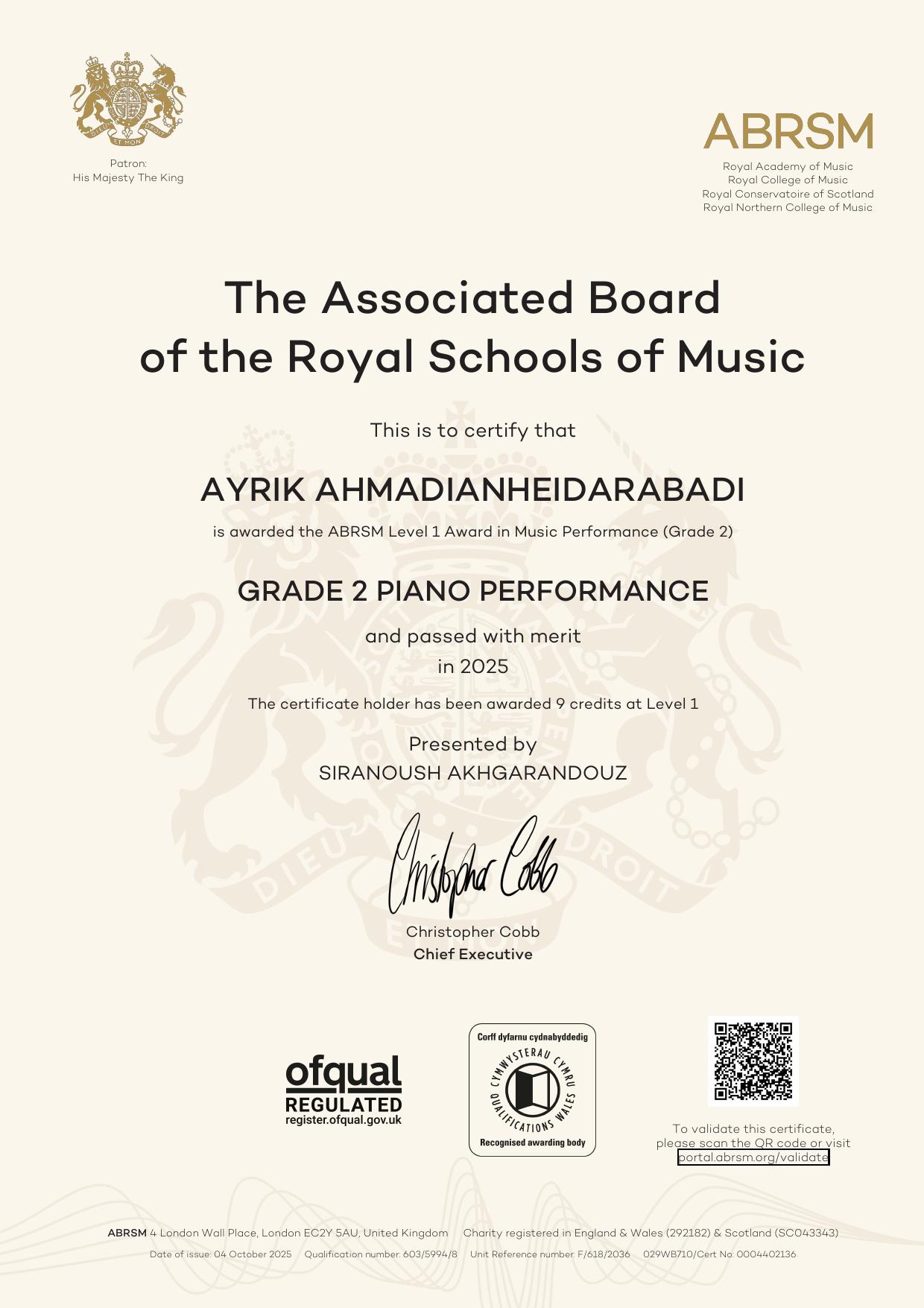 Ayrik Ahmadian Heidarabadi - ABRSM Grade 2 Piano Certificate