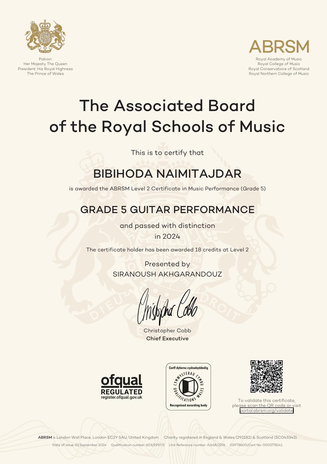 Bibi Hoda Naimi Tajdar - ABRSM Grade 5 Guitar Certificate
