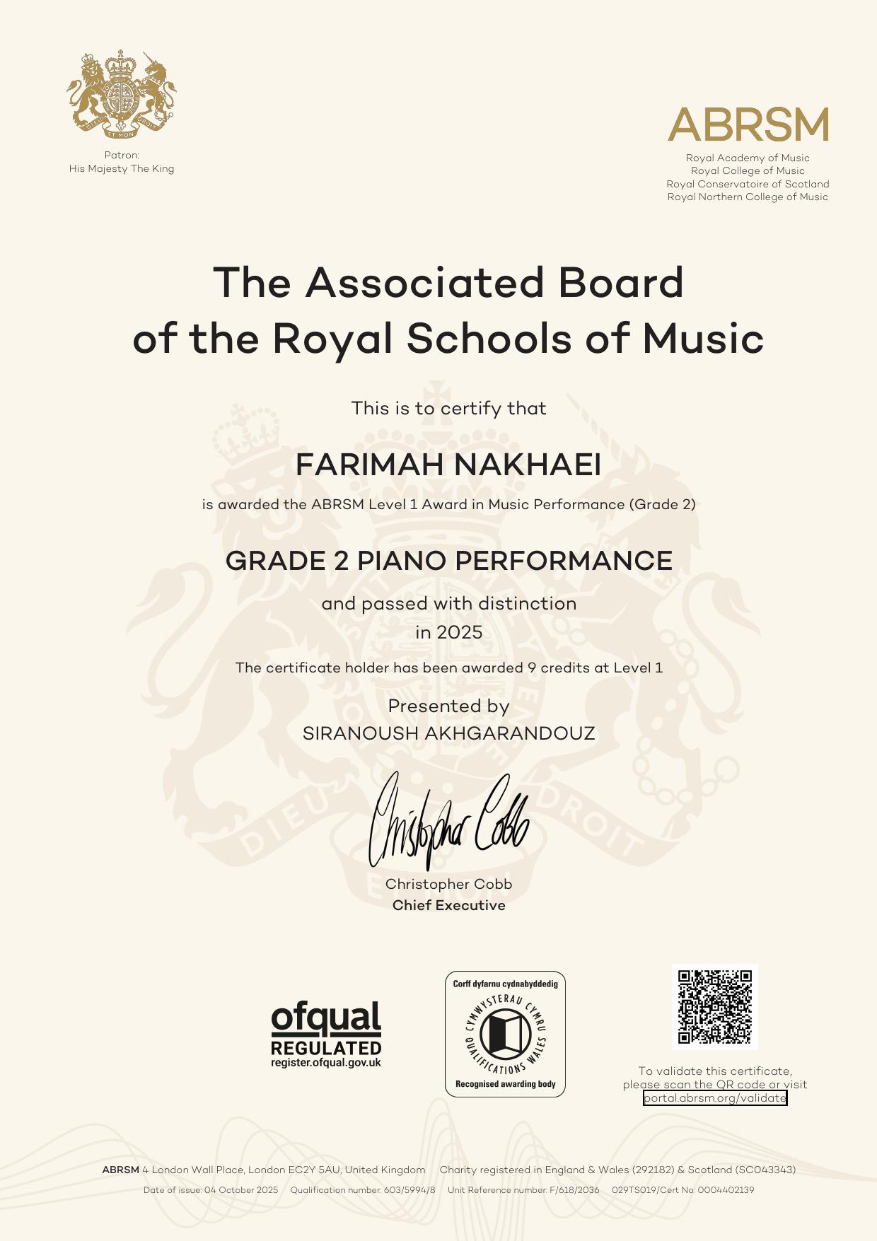 Farimah Nakhaei - ABRSM Grade 2 Piano Certificate