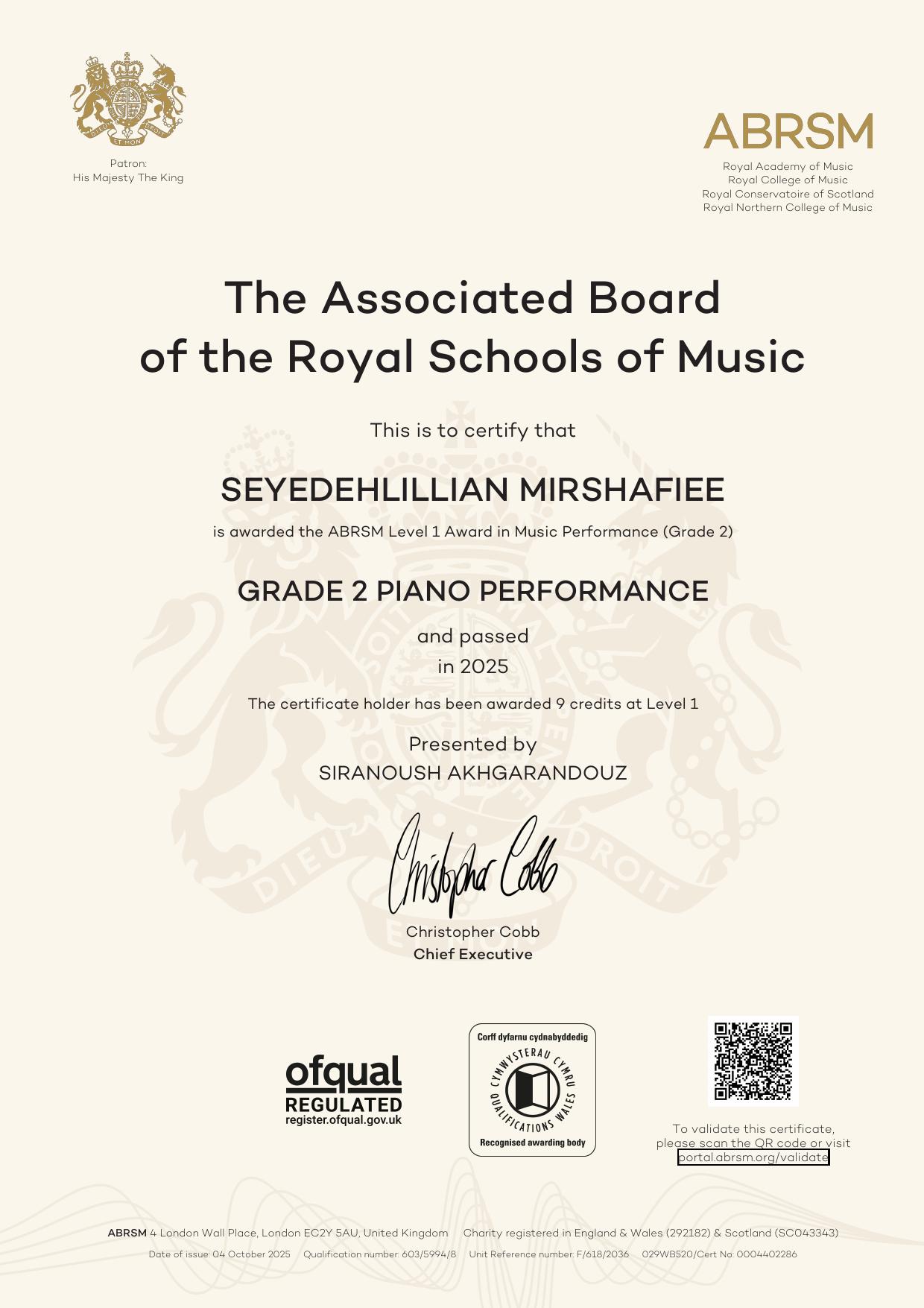 Seyedeh Lillian Mirshafiee - ABRSM Grade 2 Piano Certificate