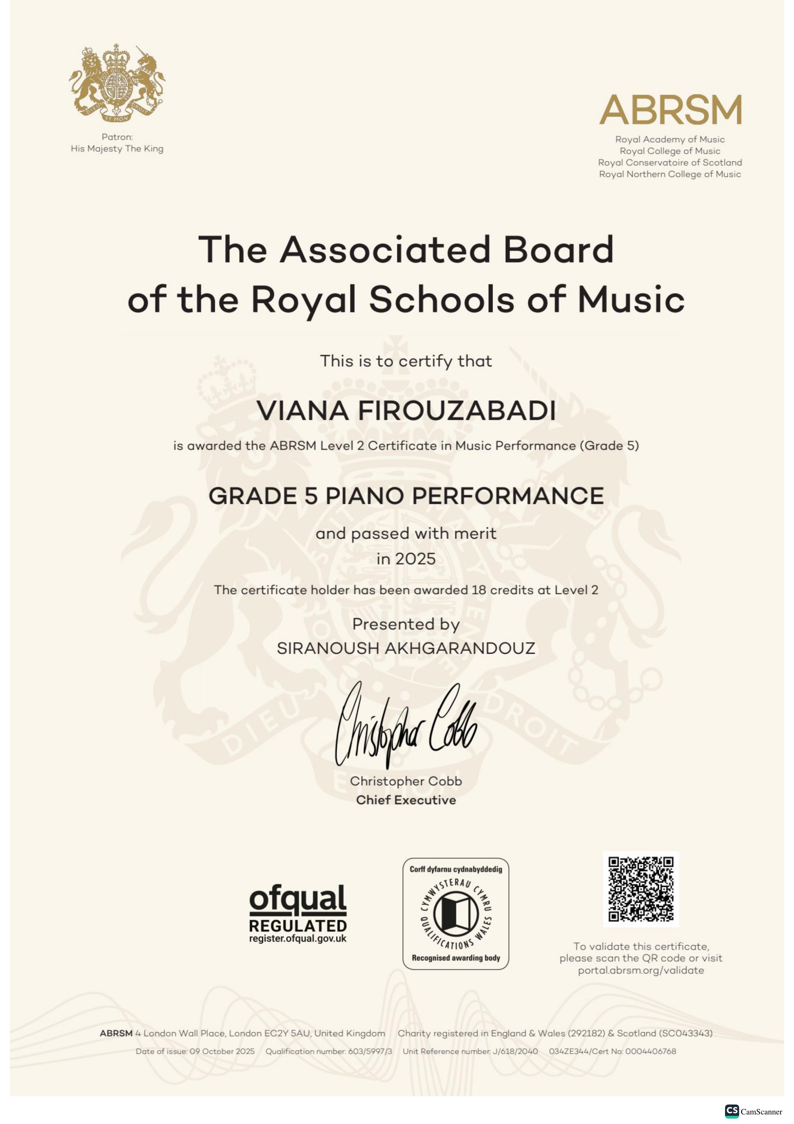 Viana Firouzabadi - ABRSM Grade 5 Piano Certificate